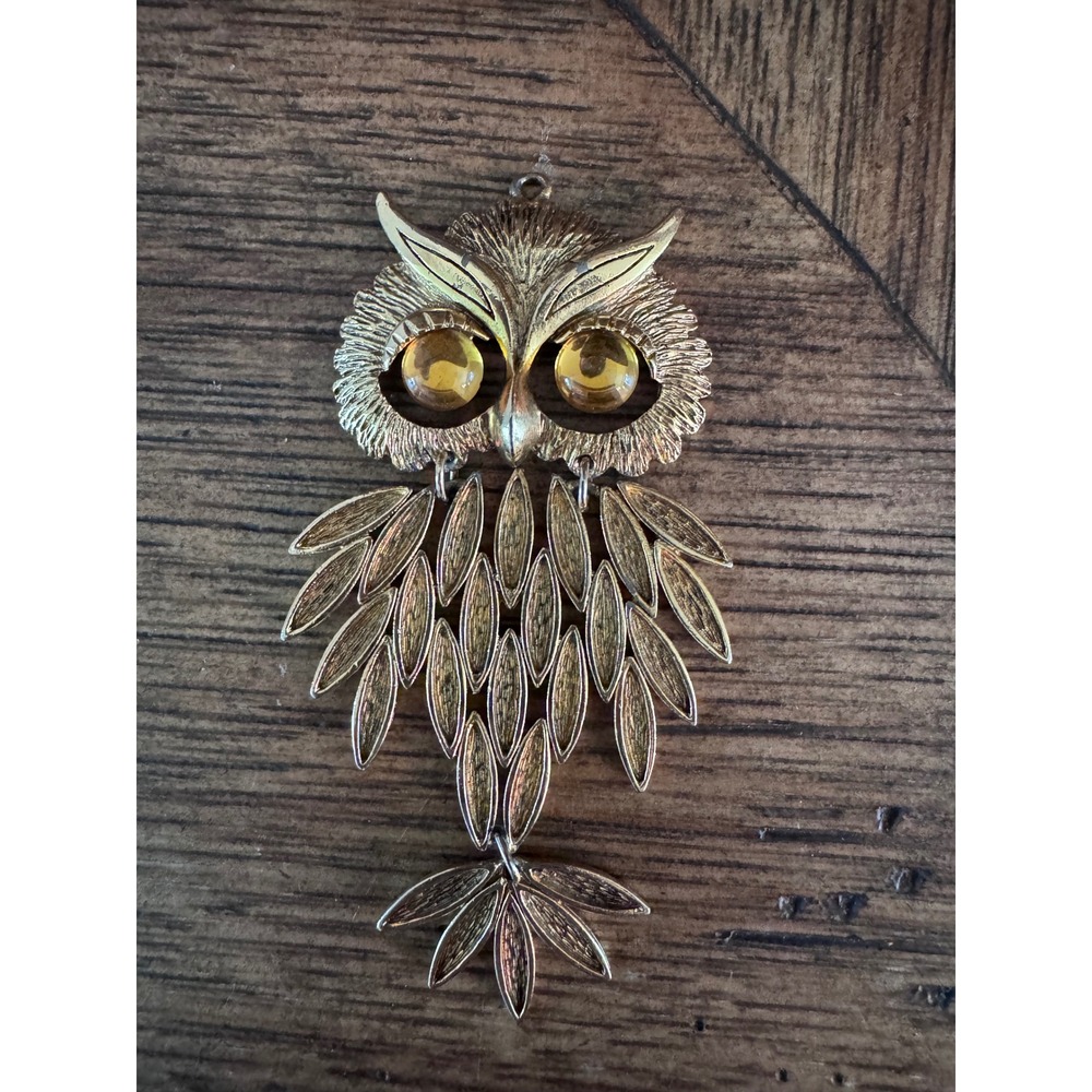 Vintage 1970s Articulated Owl Pendant Gold Tone Amber Eyes Statement Jewelry